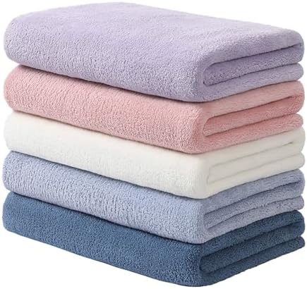 Oseamaid マイクロファイバー バスタオル 大判 5枚セット約60×120cm(ベージュ ピンク パープル ブルー ダークブルー) | 吸水速乾, ふわふわ, 肌触り, 抗菌防臭