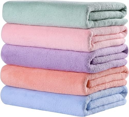 Oseamaid マイクロファイバー バスタオル 大判 5枚セット約60×120cm(ベージュ ピンク パープル ブルー ダークブルー) | 吸水速乾, ふわふわ, 肌触り, 抗菌防臭
